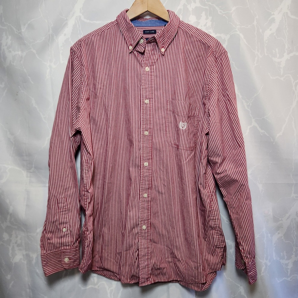 Chaps Long Sleeve Button Up Shirt Mens L Red White Striped Pocket Logo Easy Care